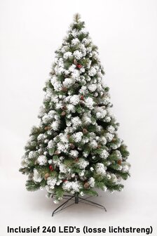 Premfy Kunstkerstboom 180cm Deluxe 1200 takken met dennenappels, en sneeuw - Inclusief LED verlichting (losse lichtstreng)